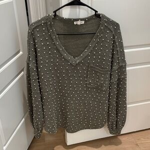 Blu Pepper Olive V-Neck Sweater with Polkadot Accents